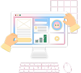 Illustration of hands editing a colourful dashboard on a monitor